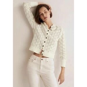 Boden Ivory White Pointelle Cotton Knit Button Front Cardigan | Size 10
